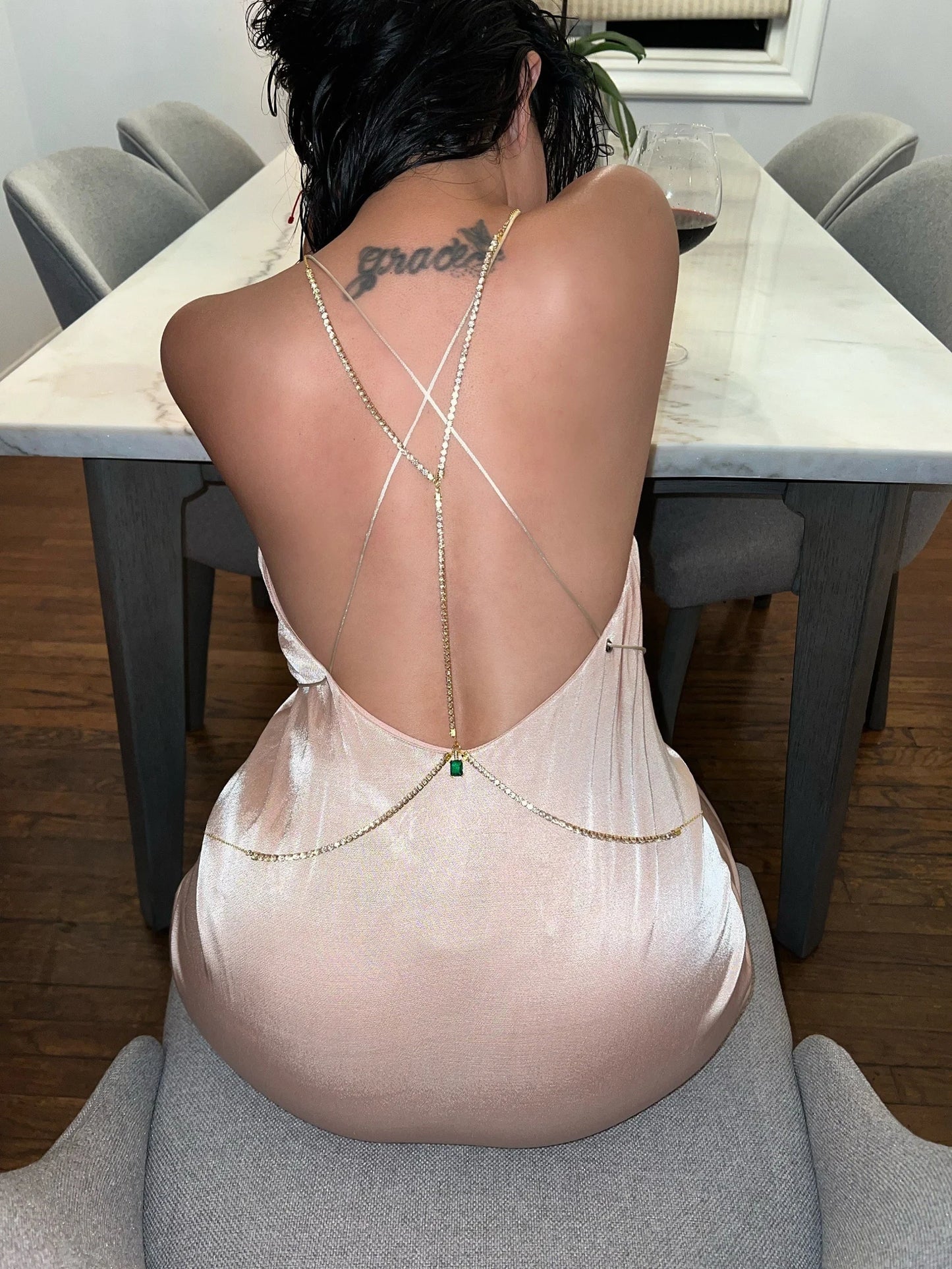EMERALD GREEN CRYSTAL BACK BODY CHAIN
