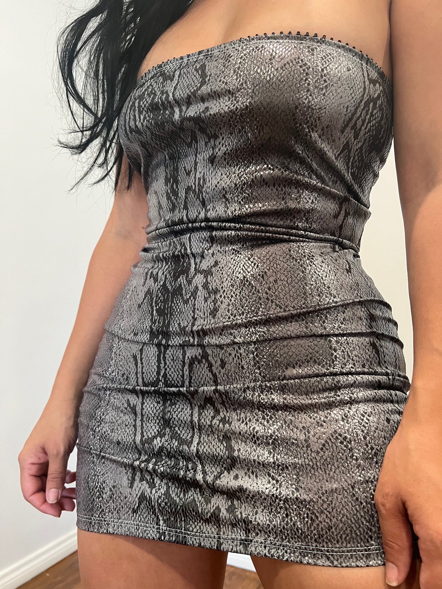 SNAKE PRINT MINI FAUX LEATHER DRESS