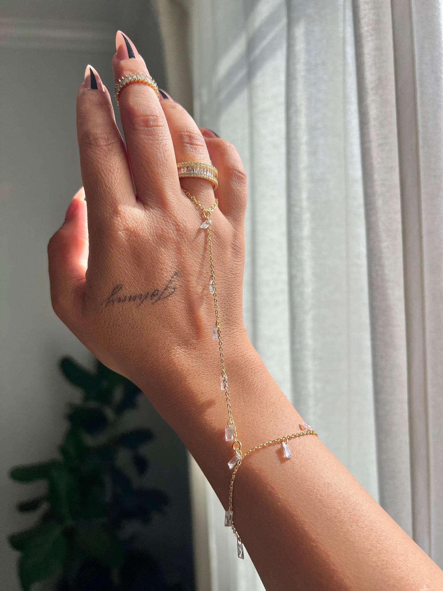 18K Gold Plated Brass Hand Chain Bracelet with Cubic Zirconia Charms