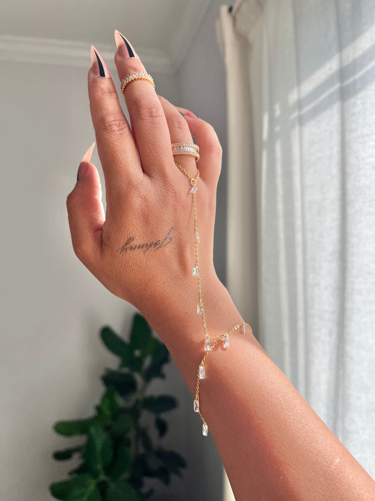 18K Gold Plated Brass Hand Chain Bracelet with Cubic Zirconia Charms