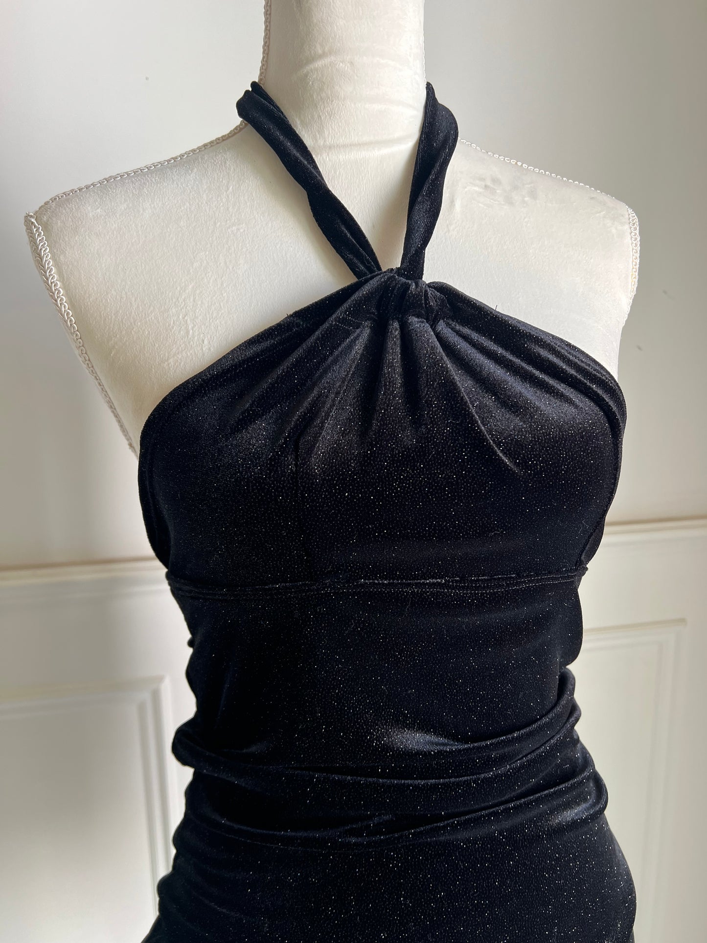 Black Shimmer Velvet Mini Dress | Halter Open Back