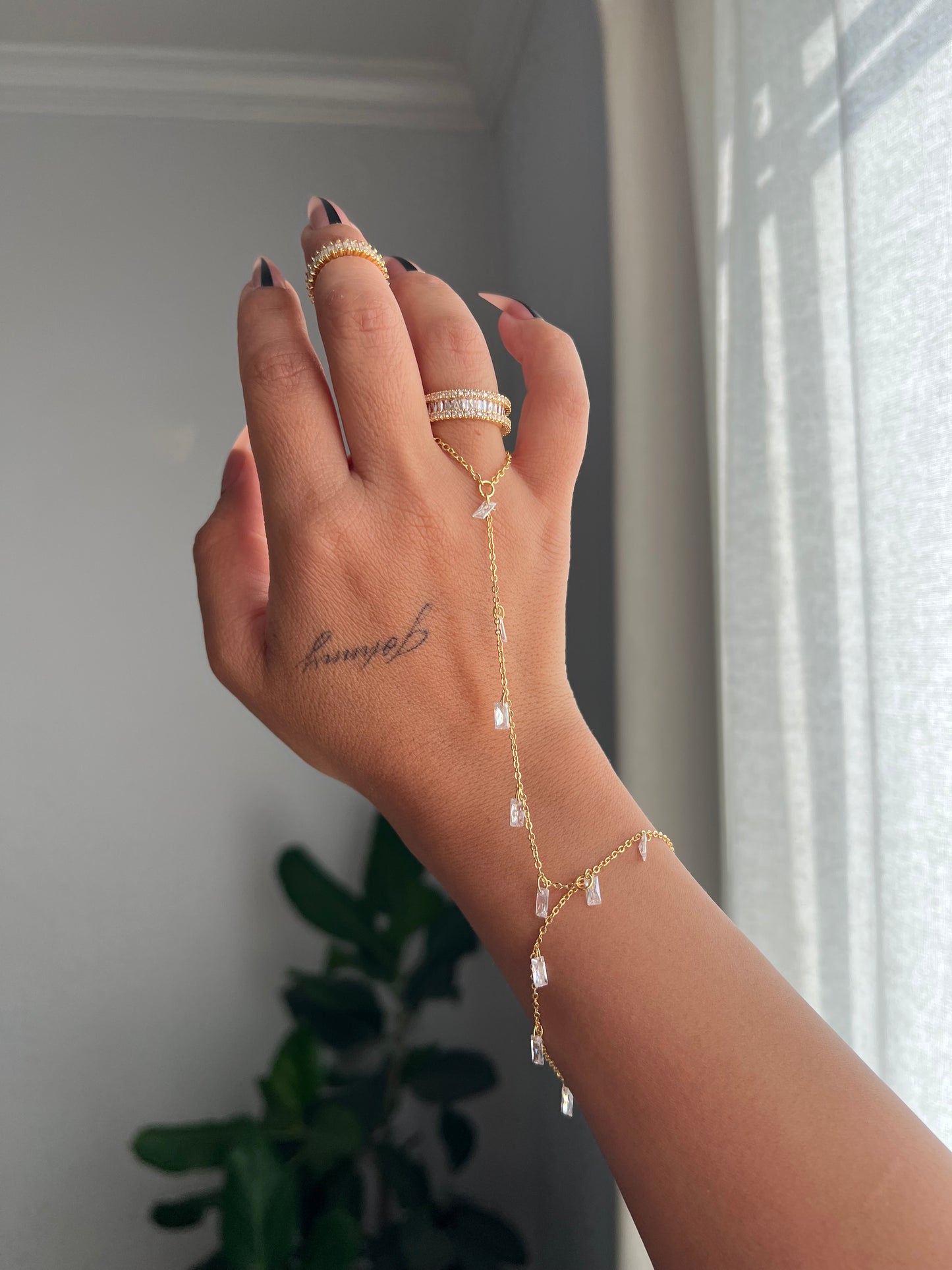 18K Gold Plated Brass Hand Chain Bracelet with Cubic Zirconia Charms