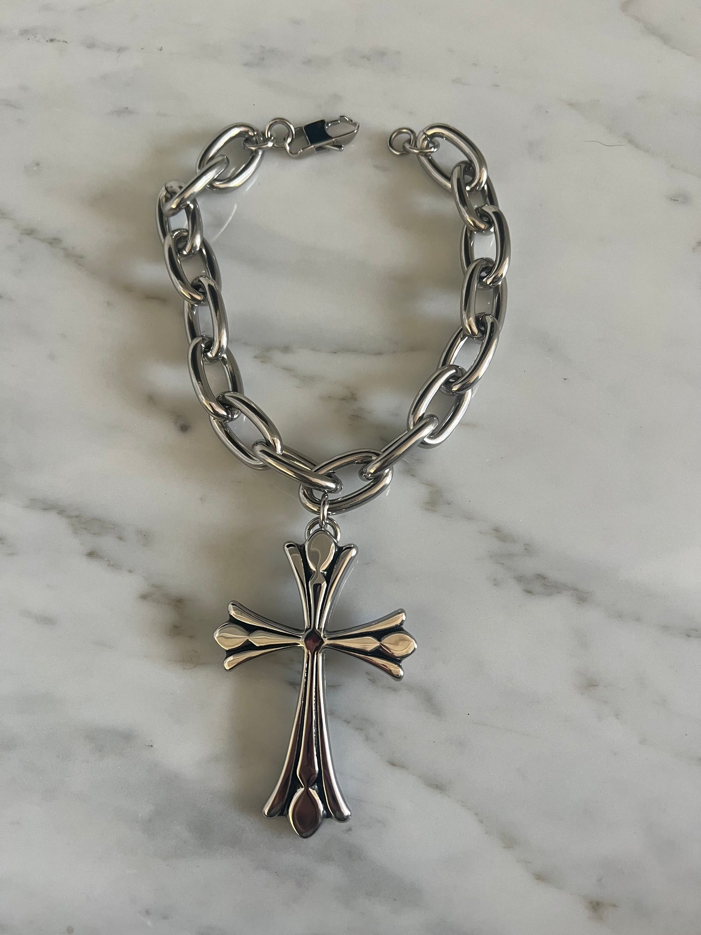 STAINLESS STEEL CHAIN CROSS CHOKER | HIGH POLISH GRUNGE NECKLACE