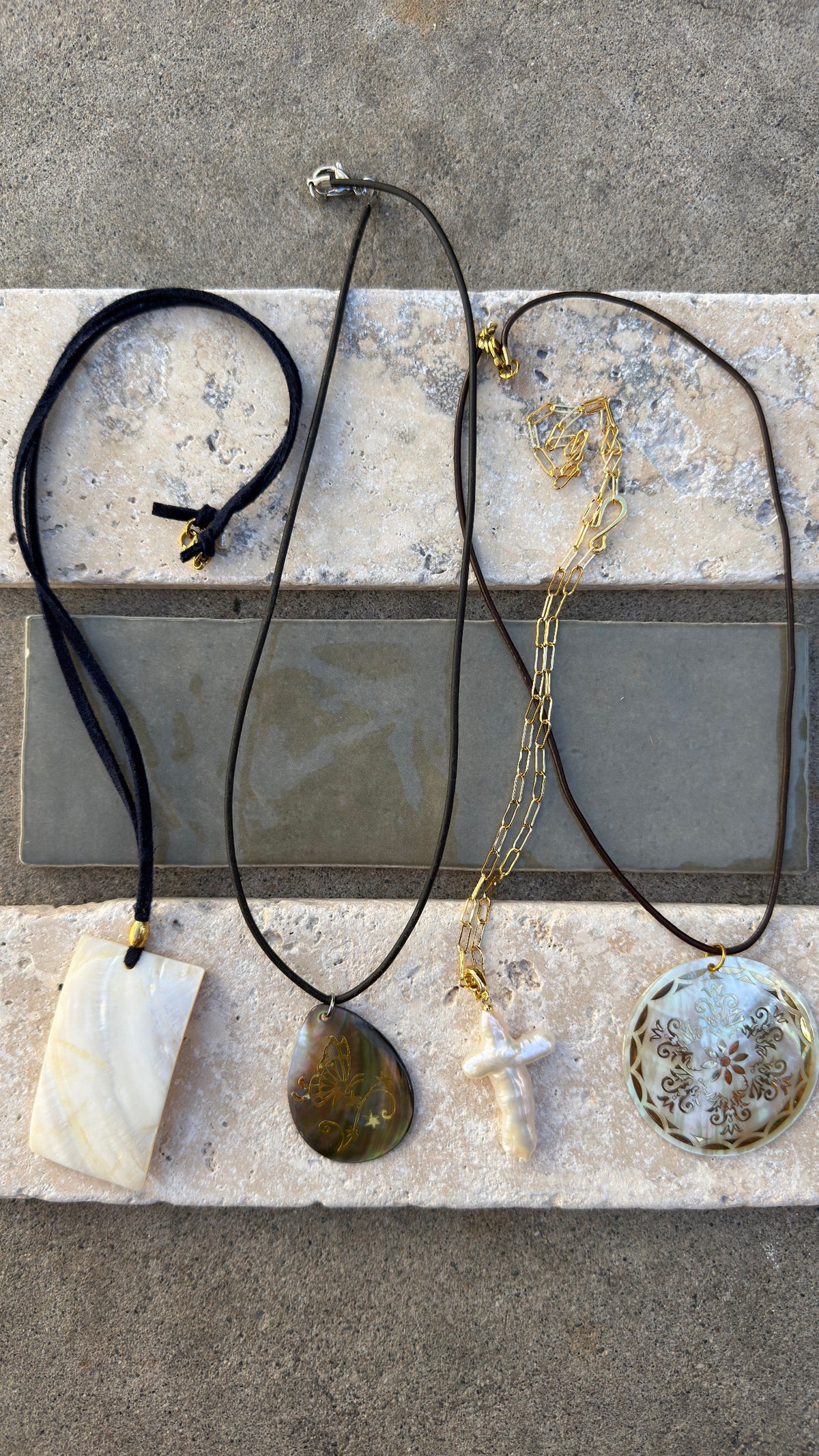 Handmade Shell Necklace | Iridescent Floral, Pearl Pendant, Gold Accents
