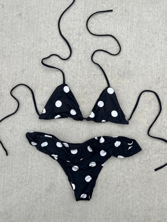 Polka Dot Low Rise Ruffle Bikini Set / micro mini top