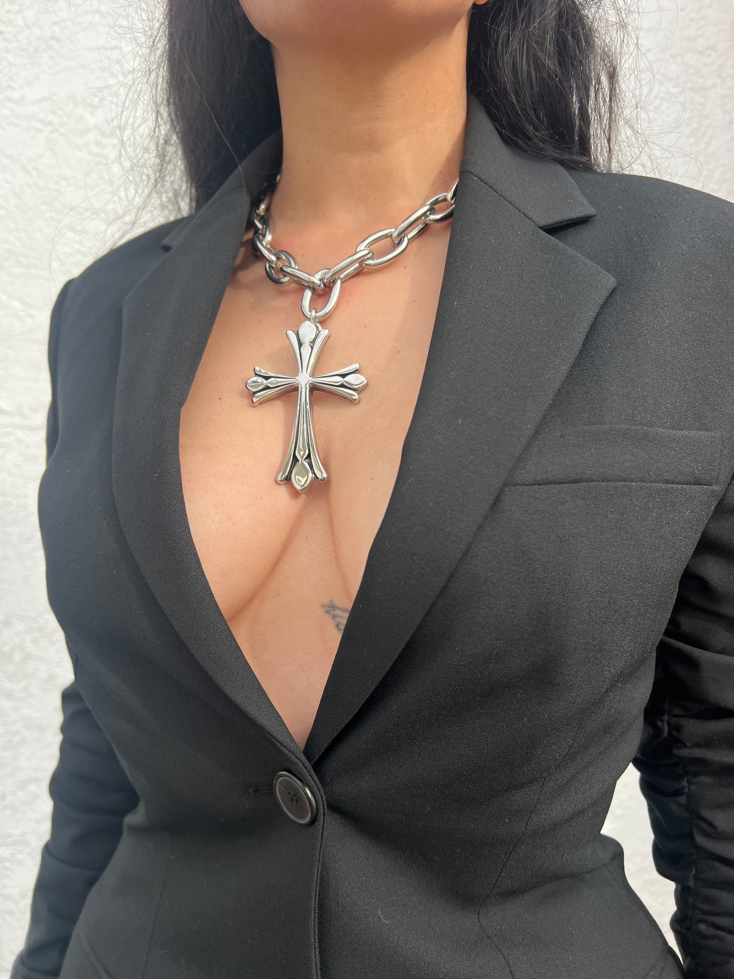 STAINLESS STEEL CHAIN CROSS CHOKER | HIGH POLISH GRUNGE NECKLACE
