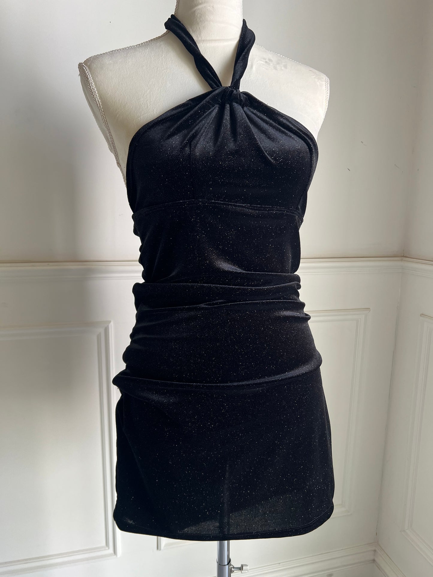 Black Shimmer Velvet Mini Dress | Halter Open Back