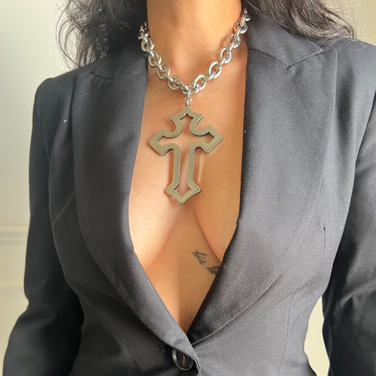 HIGH POLISHED LARGE CROSS STAINLESS STEEL CHOKER | NECKLACE