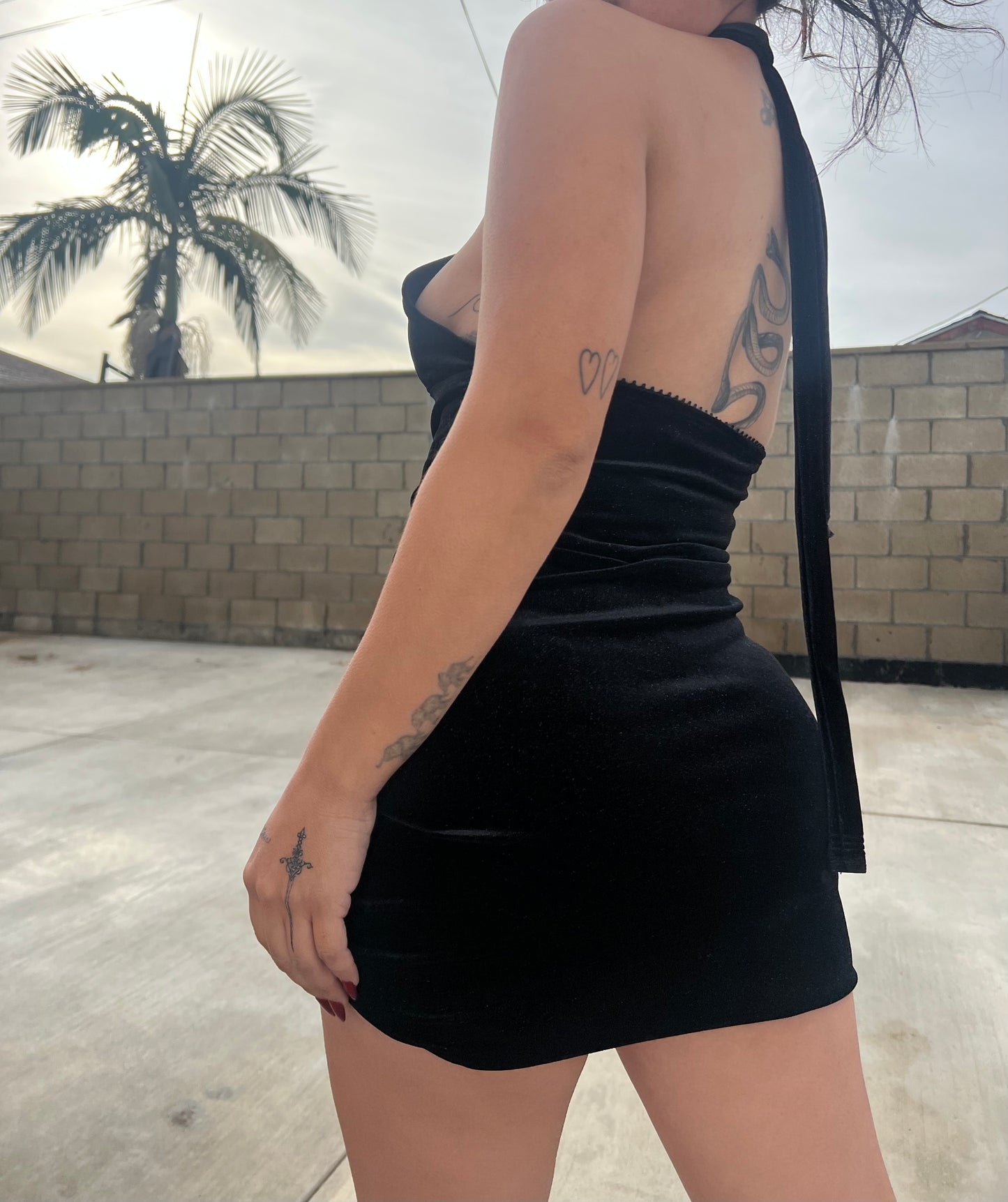 Black Shimmer Velvet Mini Dress | Halter Open Back